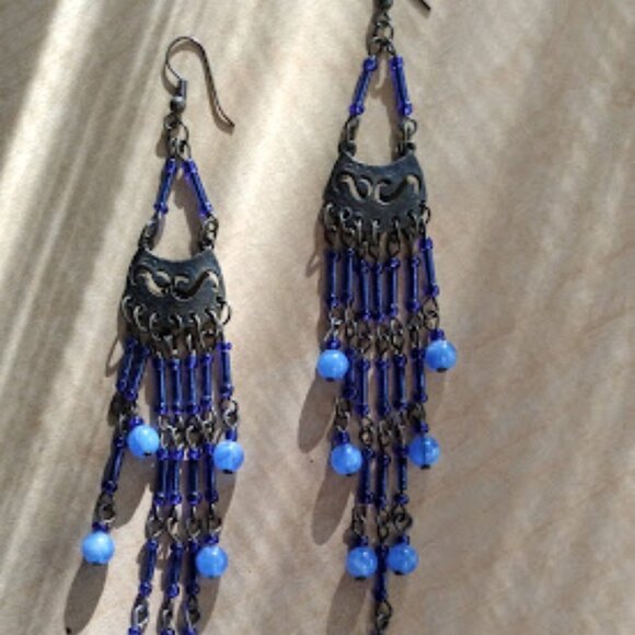Exotic Royal Blue 7 Strand beaded Earrings 5" long - Picture 4 of 5